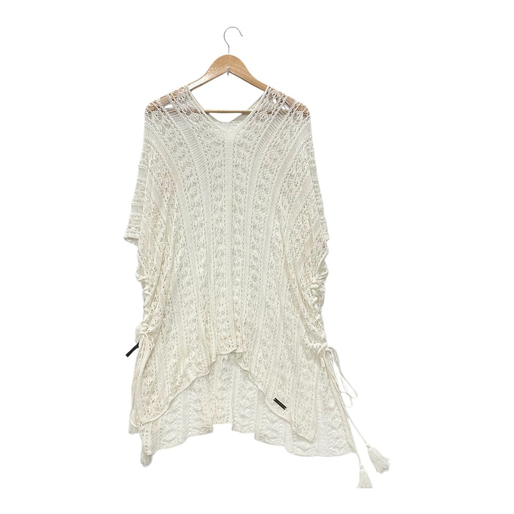 Crochet Knit Poncho Swim Cover Up Cream Ivory V-Neck Tassel Side Tie OS